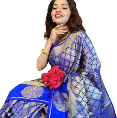 AD Saree Mall Solid/Plain Banarasi Silk Blend Saree(Blue)