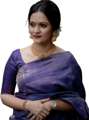 AD Saree Mall Solid/Plain Banarasi Silk Blend Saree(Dark Blue)