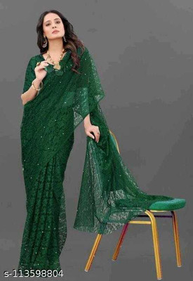 CARRYOX Self Design Bollywood Net Saree(Green)