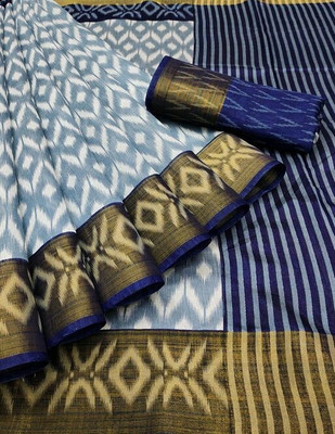 Stuti Printed Ikkat Cotton Linen Saree(Blue)