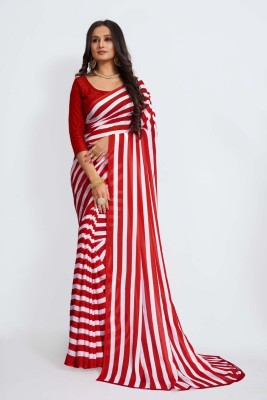 AMBUJAINTERNATIONAL Striped Daily Wear Georgette Saree(Red, White)