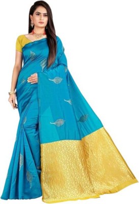 AD Saree Mall Solid/Plain Banarasi Silk Blend Saree(Blue)