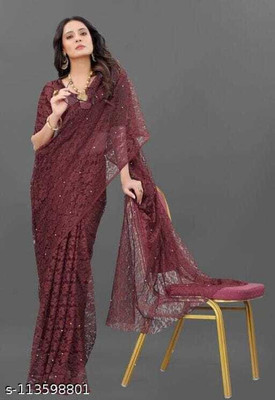 CARRYOX Self Design Bollywood Net Saree(Brown)