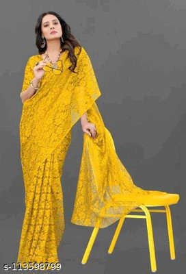 Aarya creation Self Design Bollywood Net Saree(Yellow)