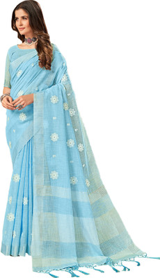 Stylewell Embroidered Chanderi Linen Saree(Light Blue)