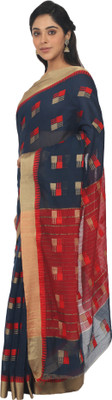 Endues Self Design, Woven, Solid/Plain Berhampuri Silk Blend, Cotton Blend Saree(Dark Blue)