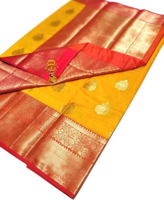 AD Saree Mall Solid/Plain Banarasi Silk Blend Saree(Mustard)