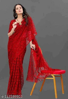 CARRYOX Self Design Bollywood Net Saree(Red)