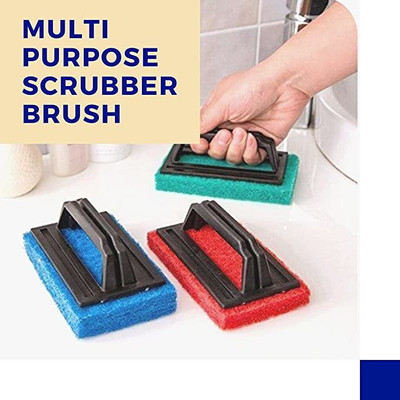 JKB TRADERS Tile Cleaning Multipurpose Brush with Handle (02 Pc., Multicolor) Scrub Sponge(Medium, Pack of 3)