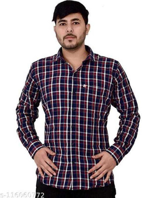 Marc Laurent Men Checkered Casual Dark Blue, Maroon, White Shirt