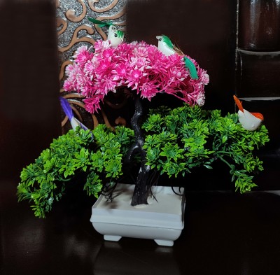 dsy Artificial Pink Green Flower bonsai plant with pot home decoration Pink Ballmum Artificial Flower  with Pot(10 inch, Pack of 1, Flower with Basket)
