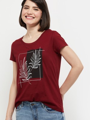 MAX Printed Women Round Neck Maroon T-Shirt