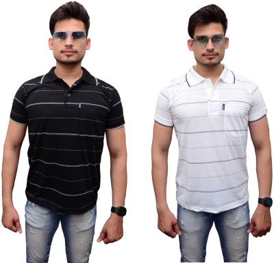 Maleno Striped Men Polo Neck Black, White T-Shirt