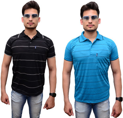 Maleno Striped Men Polo Neck Black, Light Blue T-Shirt