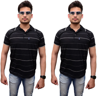 Maleno Striped Men Polo Neck Black T-Shirt