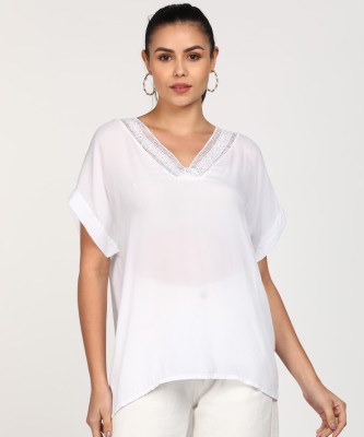 Zabaione Casual Short Sleeve Solid Women White Top