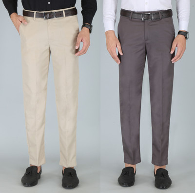 Kurus Slim Fit Men Beige, Grey Trousers