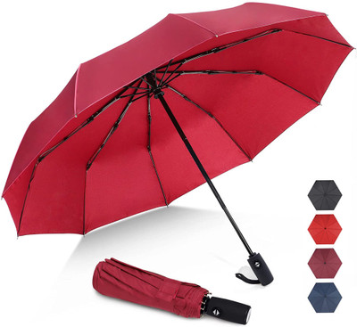 Lengloy Umbrella 3 Fold Plain Automatic Open Men/Women UV Protection Monsoon/Rainy & Sun Umbrella(Red)