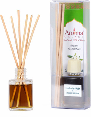 Aroma Galaxy Cambodian Oudh & Indian Jasmine Diffuser Set Cambodian Oudh & Indian Jasmine Scented Reed Diffuser Oil in Glass Bottle with 6 Reed Stick - 30 ML - Alcohol Free - for Home Living Room(30 ml)