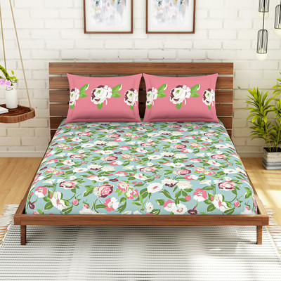 SPACES 210 TC Cotton Double Printed Flat Bedsheet(Pack of 1, Light Blue)