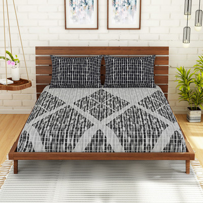 SPACES 210 TC Cotton King Printed Fitted (Elastic) Bedsheet(Pack of 1, Grey)