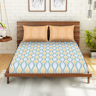 SPACES 210 TC Cotton Double Printed Flat Bedsheet(Pack of 1, Light Blue)