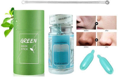 YAWI MUD MASK GREEN STICK WITH VITAMIN E AND BLACKHEAD REMOVER NEEDLE(3 Items in the set)