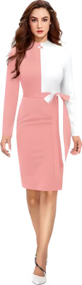 HIALTO Women Bodycon Pink, White Knee Length Dress