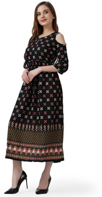 Eccitato Women A-line Black Midi/Calf Length Dress
