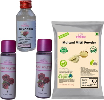 pmetic 100Gm Multani Mitti Powder, 200ml Rose Water,100ml Glycerin For Face(400 g)