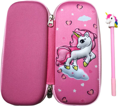 fastgear Stylish Large Unicorn Multipurpose Hardshell Eva Kids Zipper Pouch with Pen 3D Embossed Geometry Pouch for Schoolkids Art EVA Pencil Box(Set of 1, Pink, White)