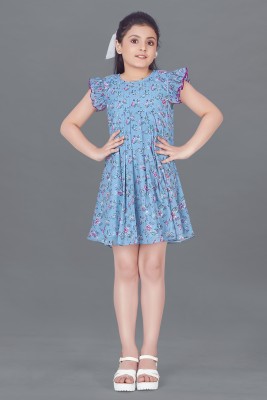 Mirrow Trade Girls Above Knee Casual Dress(Blue, Short Sleeve)