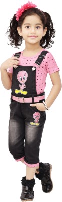 Lemon Fashion Dungaree For Girls Casual Printed Pure Cotton, Denim(Pink, Pack of 1)