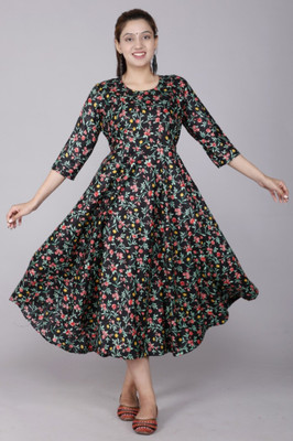 Sunita Enterprises Women Floral Print Anarkali Kurta(Black)