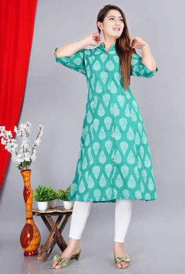 vttextile Women Printed Straight Kurta(Green)