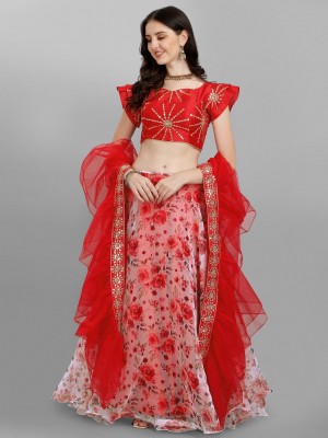 YOYO FASHION Floral Print Semi Stitched Lehenga Choli(Red)