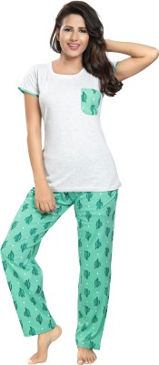 TUCUTE Women Printed Grey, Green Top & Pyjama Set