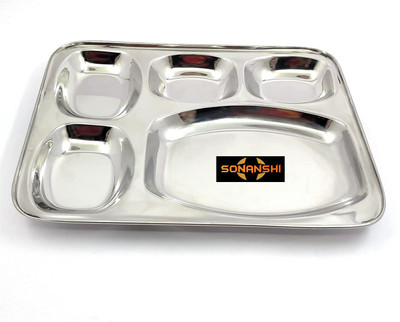 Sonanshi Stainless-Steel Rectangular Shaped 5 in 1 Divided Compartment Bhojan Thali Dinner Plate(Pack of 2)
