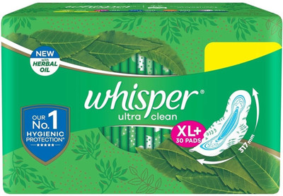 Whisper Ultra Clean Sanitary Pads For Women, X-Large +, Pack of 30 Napkin Sanitary Pad