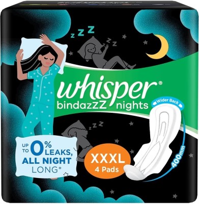 Whisper Bindazzz Night Sanitary Pads For Women, XXX-Large Pack of 4 Napkin Sanitary Pad