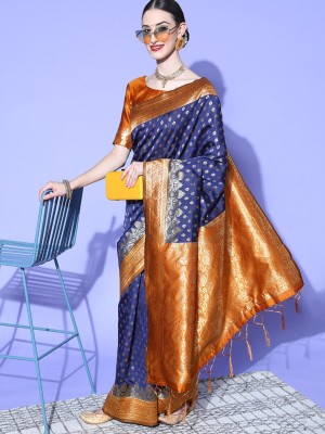 Ratnavati Woven Kanjivaram Silk Blend Saree(Dark Blue, Mustard)