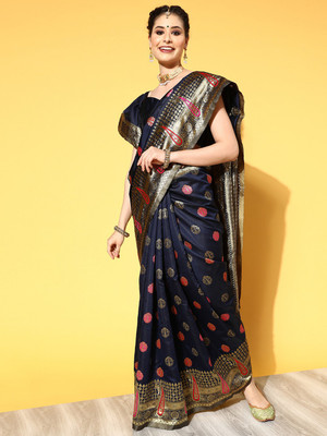 Ratnavati Floral Print Banarasi Silk Blend Saree(Dark Blue)
