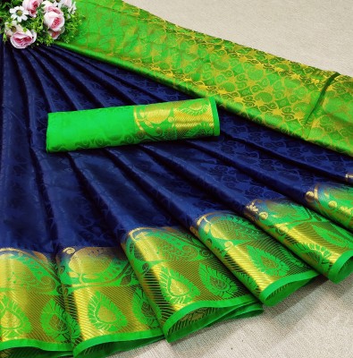 Morpich Fashion Striped Banarasi Silk Blend Saree(Blue)