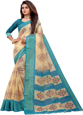 CHOICEIT Printed, Checkered Bollywood Cotton Blend Saree(Blue, Beige)