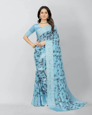 VRINDITA FASHION Floral Print Daily Wear Georgette, Chiffon Saree(Light Blue)