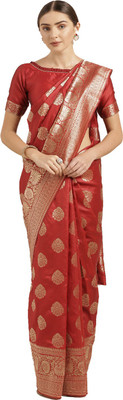 manvaa Embroidered Banarasi Cotton Silk Saree(Red)