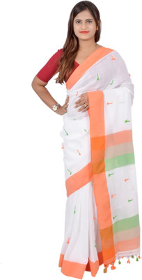 SAYAN CREATION Self Design Handloom Pure Cotton Saree(White, Orange)
