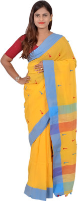 SAYAN CREATION Self Design Handloom Pure Cotton Saree(Blue, Yellow)