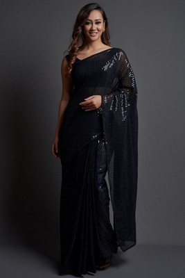 FluteFashion Embroidered Bollywood Georgette Saree(Black)