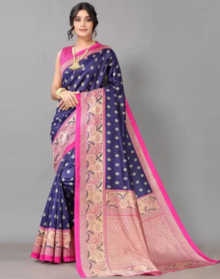 VCREATION Printed Assam Silk Art Silk Saree(Blue)